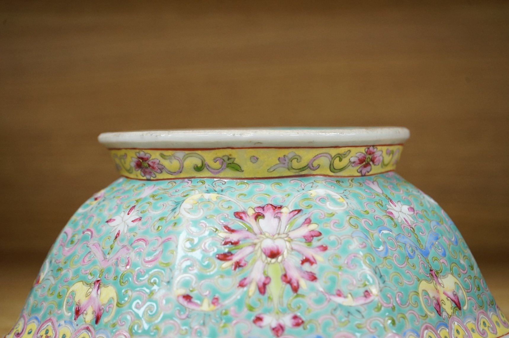 A Chinese enamelled porcelain turquoise ground hexagonal dish, Qianlong mark, late 19th century, 21cm in diameter